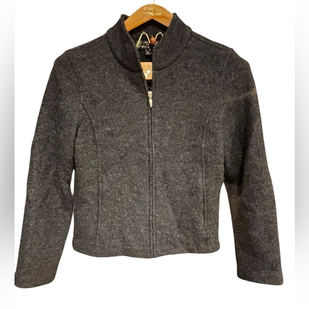 🩶Herman Geist Women's Gray Wool Sweater Jacket size Medium Petite.  Gorgeous!